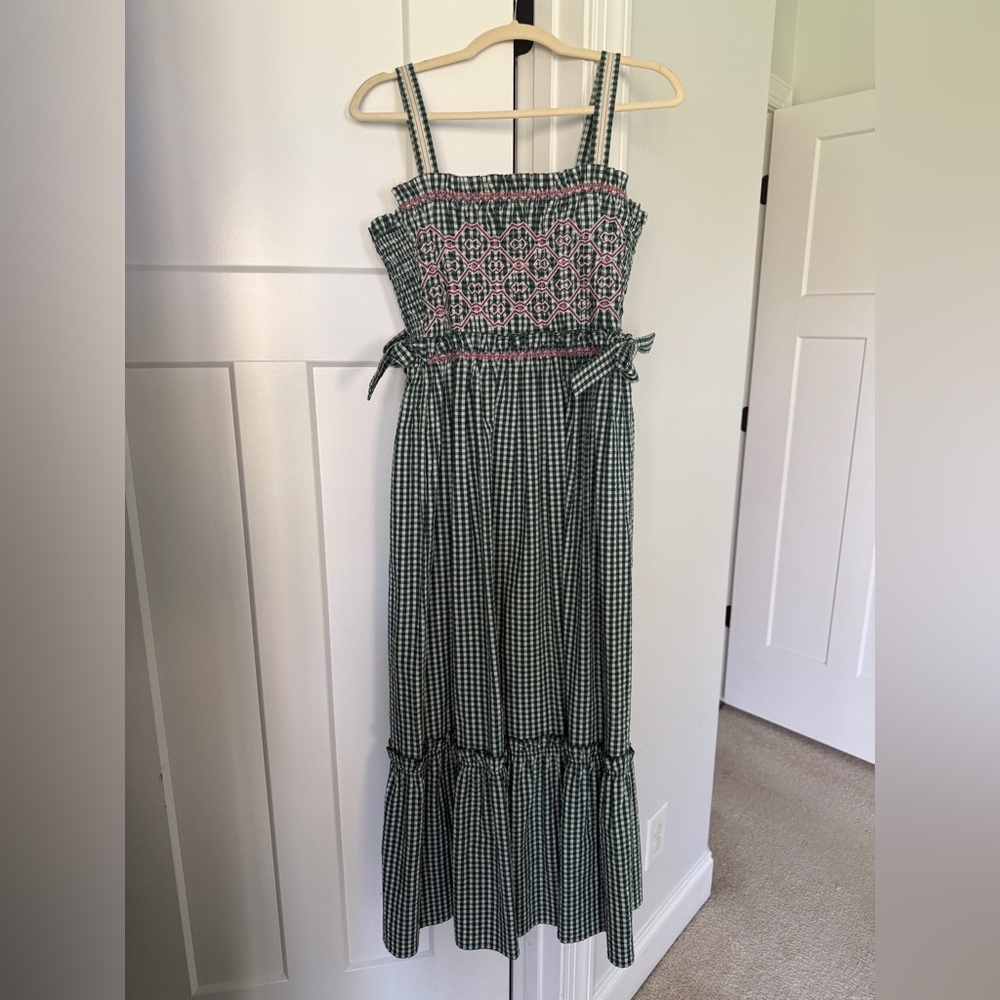 Hunter Bell Larissa Green White Gingham Midi Dress Smocked embroidered tie - Picture 4 of 8